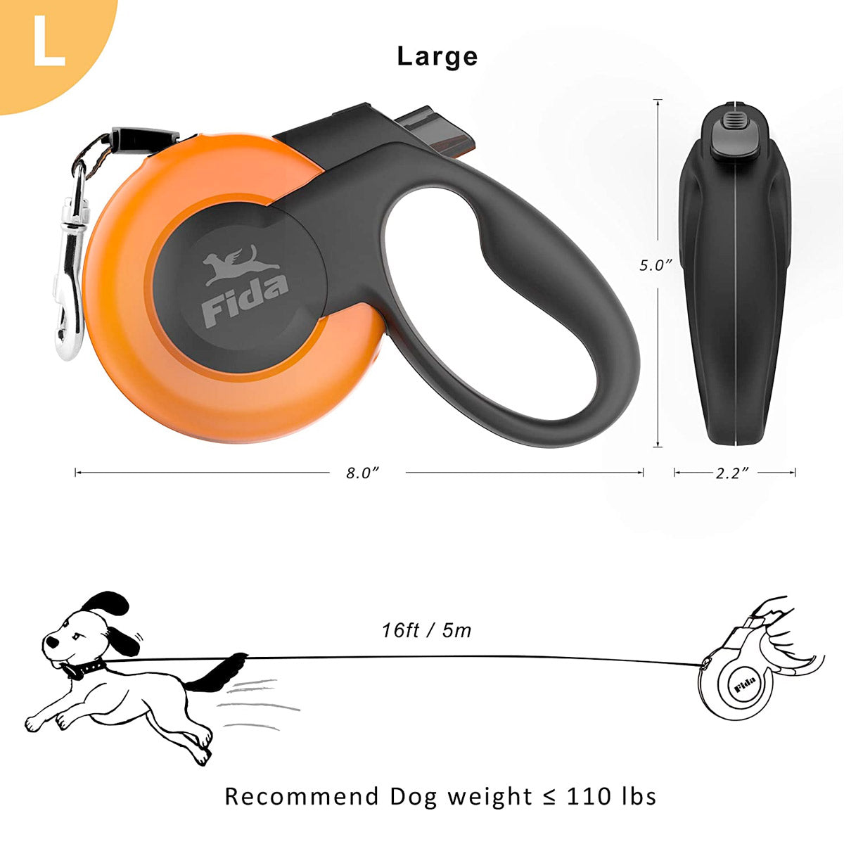 Fida Retractable Dog Leash Heavy Duty (Mars Series) - L (5m / 16ft) - white