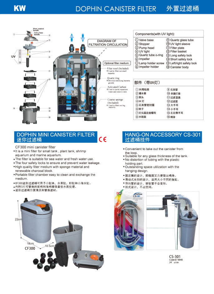 KW Zone Dophin Canister Filter With UV[Model - FDCF600, Max Output - 650L/H]