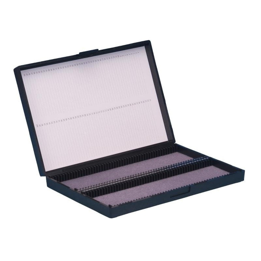 Box, polystyrene, slotted & w/nos. for 100 slides 76 x 26 mm