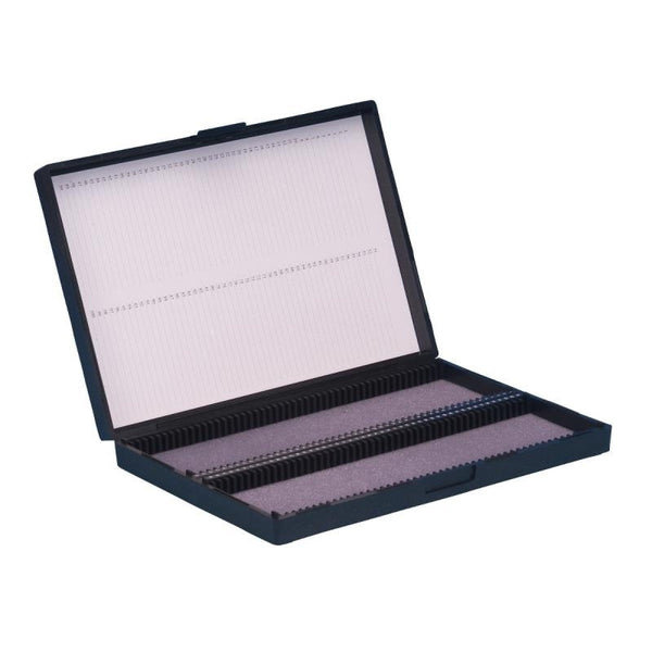 Box, polystyrene, slotted & w/nos. for 100 slides 76 x 26 mm