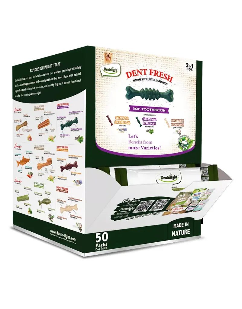 Dentalight 3“ Dent Fresh 360° Toothbrush Dog Snack Mix Flavor [50pcsx8g] - Display Box - (MOQ:50pcs) - Shopivet.com