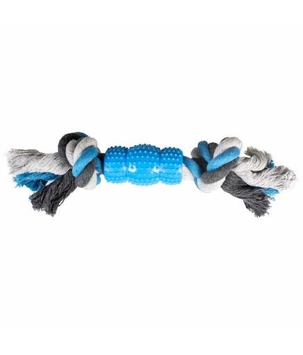Duvo+ Tug Toy Knotted Cotton with 2 Knots & Rubber 23cm,Grey/Blue - Shopivet.com