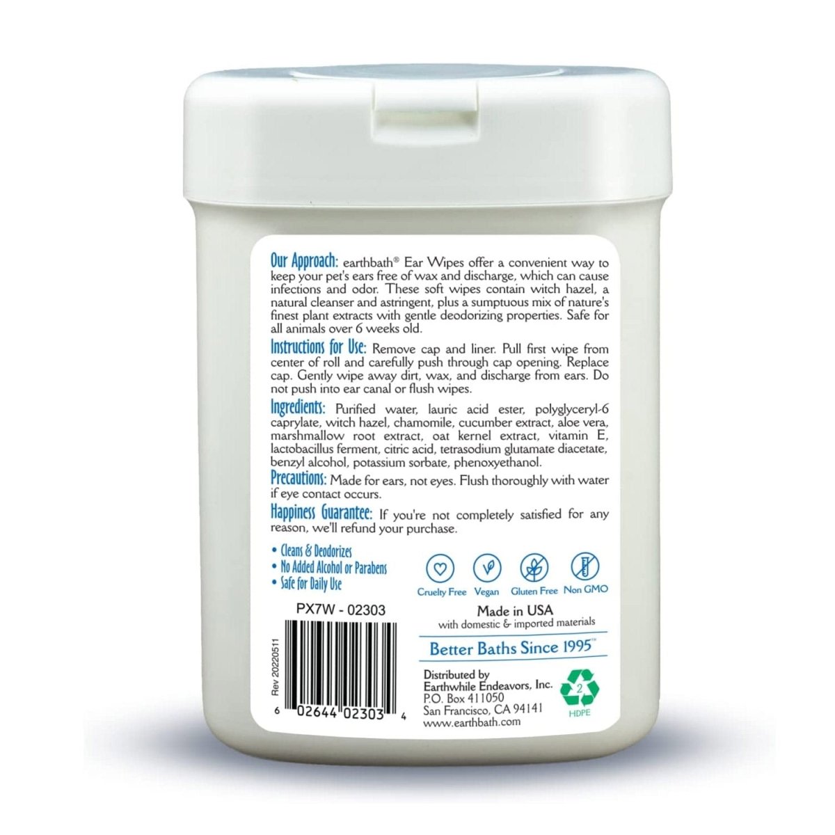 earthbath® Ear Wipes with Witch Hazel for Dogs, Cats, Puppies & Kittens, 25 ct re - sealable container - Shopivet.com