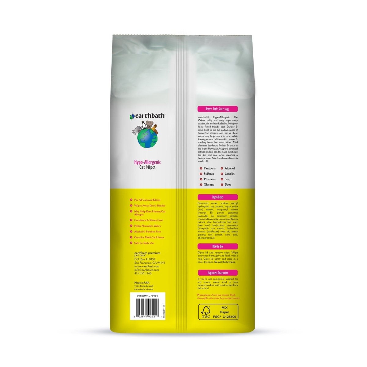 earthbath® Hypo - Allergenic Cat Grooming Wipes, Fragrance Free, Cleans & Conditions, 100 ct plant - based wipes in re - sealable pouch - Shopivet.com
