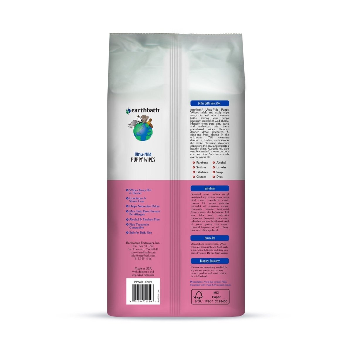 earthbath® Ultra - Mild Puppy Wipes, Wild Cherry, Cleans & Conditions, 100 ct plant - based wipes in re - sealable pouch - Shopivet.com