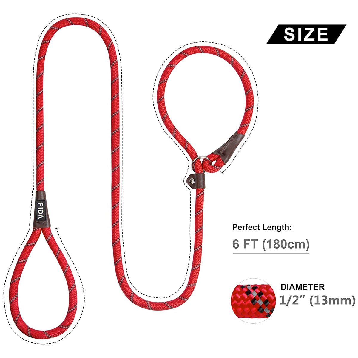 Fida Durable Slip Lead Dog Leash / Training Leash(6ft length, 1/2″ thick Rope) - red - Shopivet.com