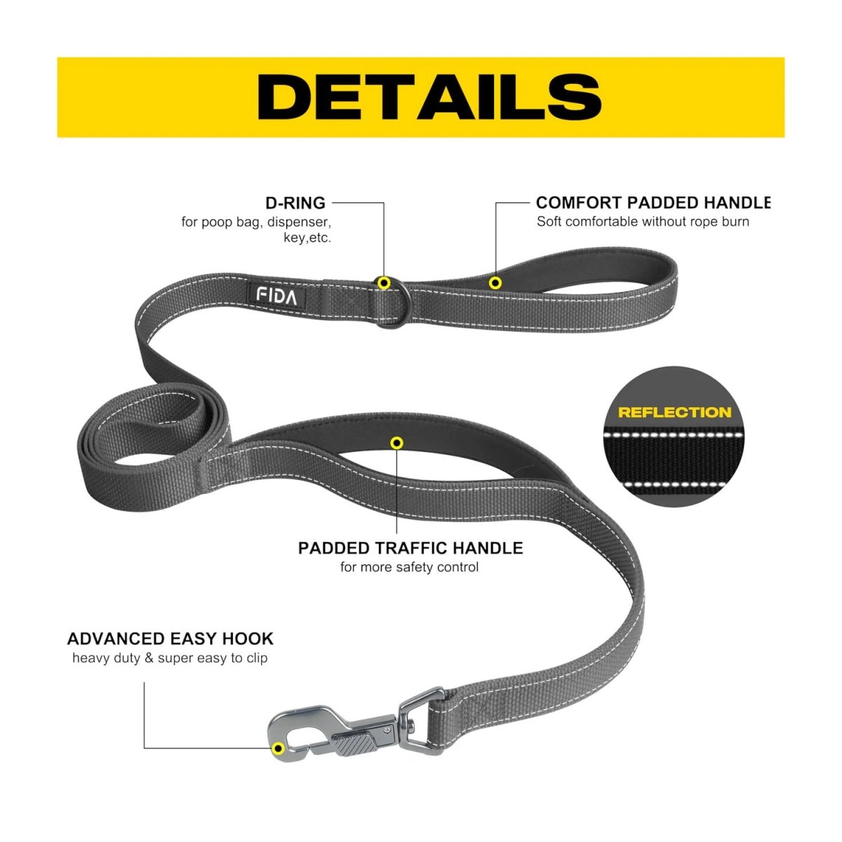 Fida Heavy Duty Dog Leash - yellow - Shopivet.com