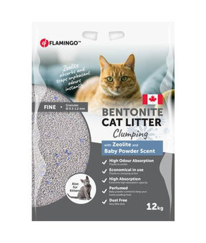Flamingo Bentonite Zeolite & Baby Powder Scent Clumping Cat Litter - 12kg - Shopivet.com