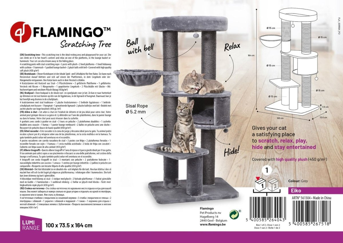 Flamingo Eiko Grey Cat Scratching Tree 100x73.5x164cm - Grey - Shopivet.com