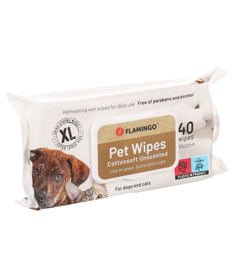 Flamingo Reini Universal Unscented Extra Strong Cat & Dog Pet Wipes XL 40pcs - XL - Shopivet.com