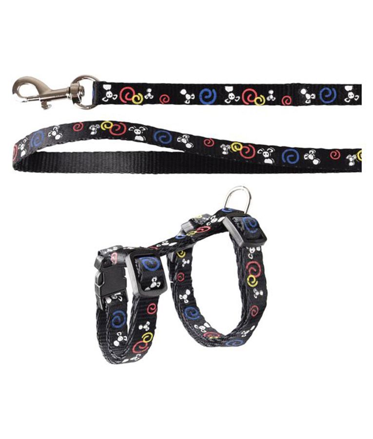Flamingo Topo Mouse Motif Kitten Harness & Leash Black 20 - 35cm 10mm - Shopivet.com