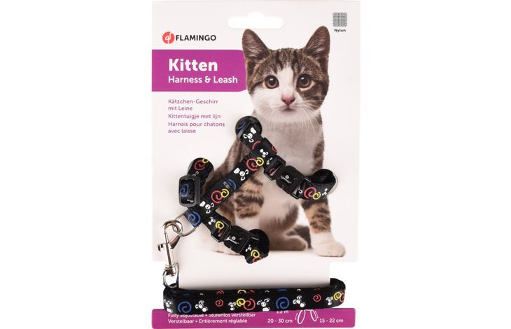 Flamingo Topo Mouse Motif Kitten Harness & Leash Black 20 - 35cm 10mm - Shopivet.com