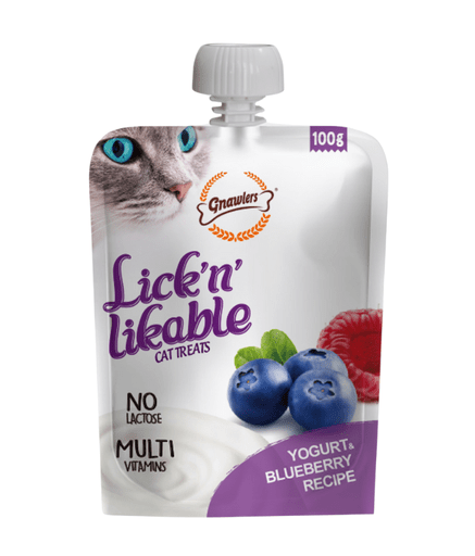 Gnawlers Lick 'n' Lickable Cat Treats 100g - Yogurt & Blueberry - Shopivet.com