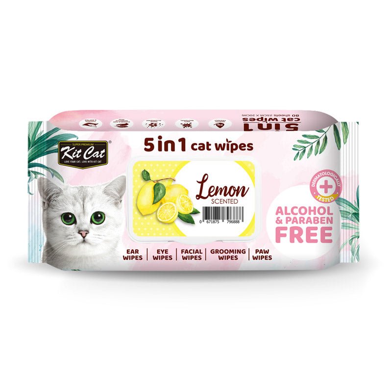 Kit Cat 5 - in - 1 Cat Wipes LEMON Scented - Shopivet.com