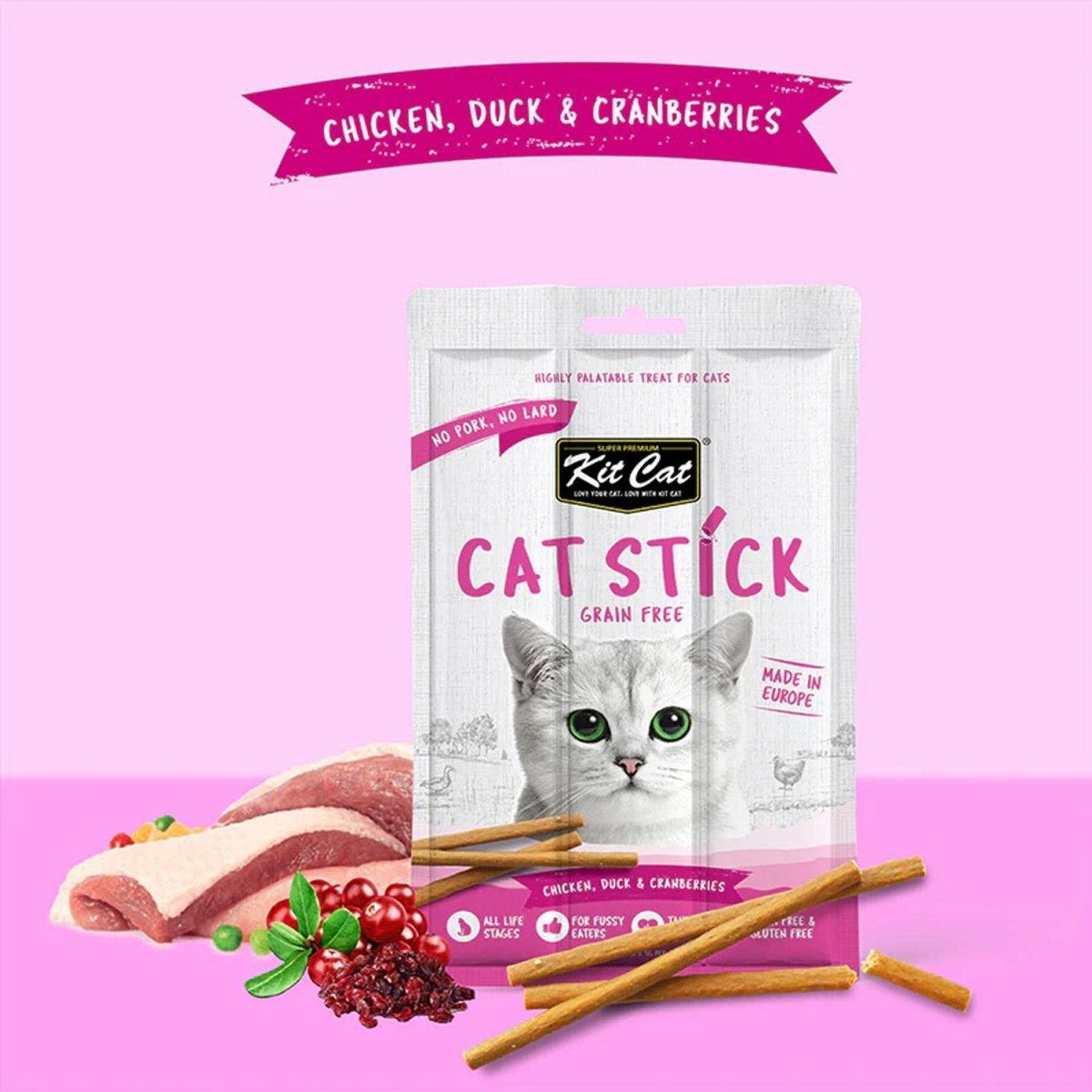 Kit Cat Grain Free Cat Stick Chicken Duck & Cranberries 15g - Shopivet.com