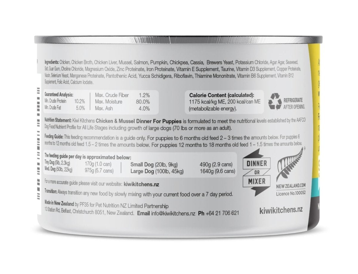 Kiwi Kitchens Barn Raised Chicken & Mussel Dinner Canned Wet Puppy Food - 375g - Shopivet.com