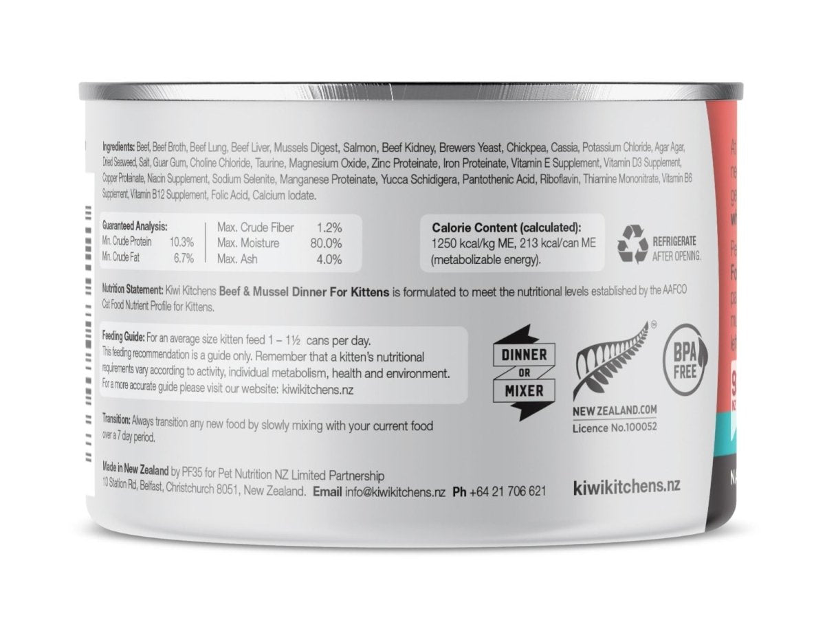 Kiwi Kitchens Beef & Mussel Dinner Canned Wet Kitten Food - 170g - Shopivet.com