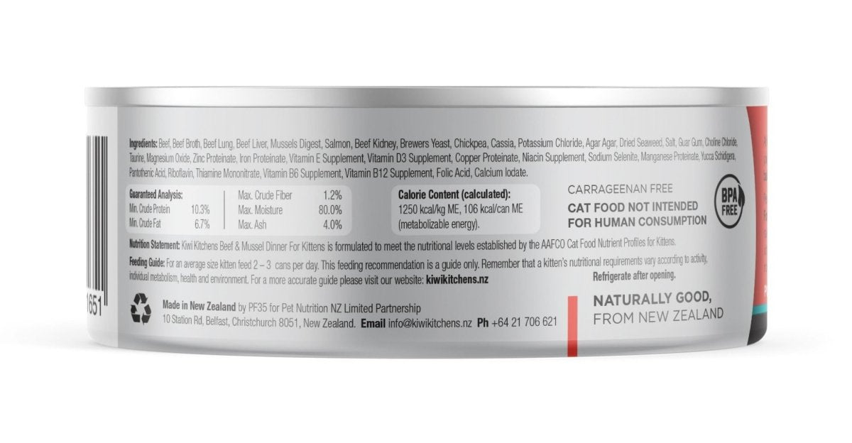 Kiwi Kitchens Beef & Mussel Dinner Canned Wet Kitten Food - 170g - Shopivet.com