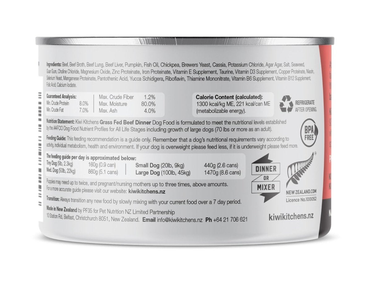 Kiwi Kitchens Grass Fed Beef Dinner Canned Wet Dog Food - 170g - Shopivet.com