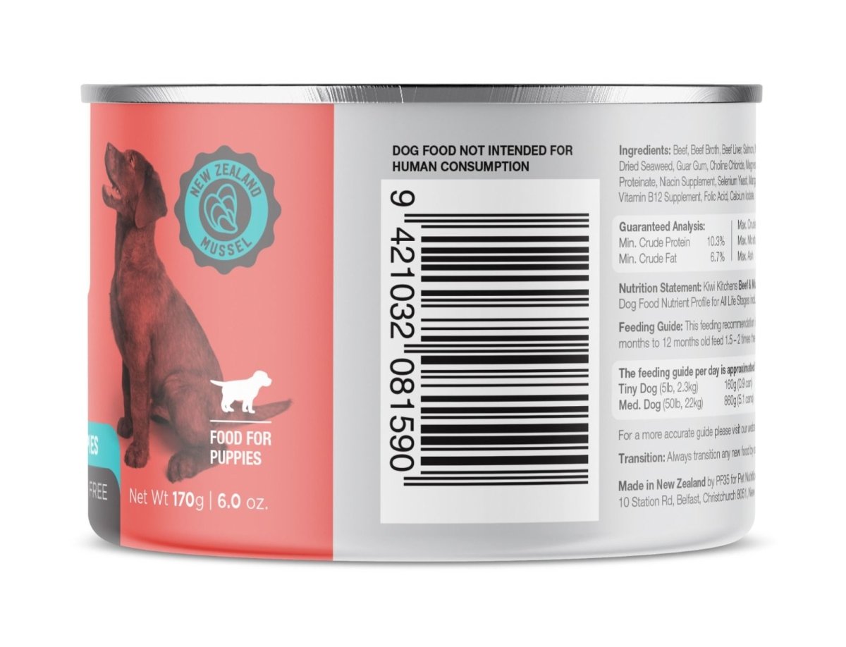 Kiwi Kitchens Grass Fed Beef & Mussel Dinner Canned Wet Puppy Food - 170g - Shopivet.com