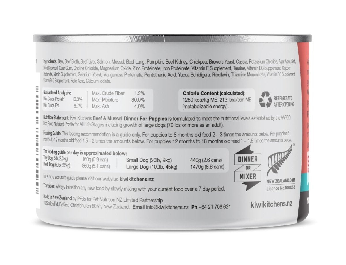 Kiwi Kitchens Grass Fed Beef & Mussel Dinner Canned Wet Puppy Food - 170g - Shopivet.com