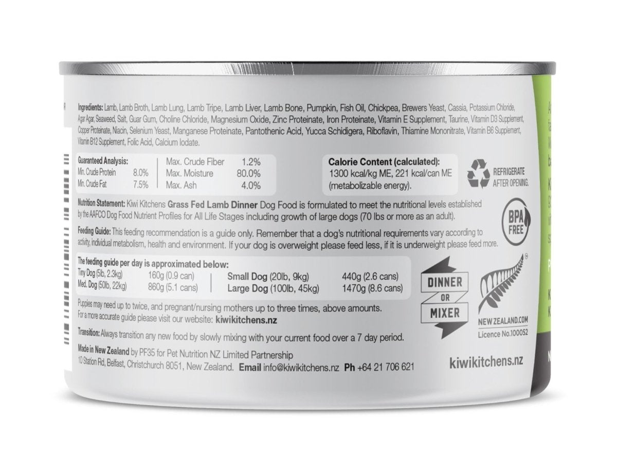 Kiwi Kitchens Grass Fed Lamb Dinner Canned Wet Dog Food - 170g - Shopivet.com