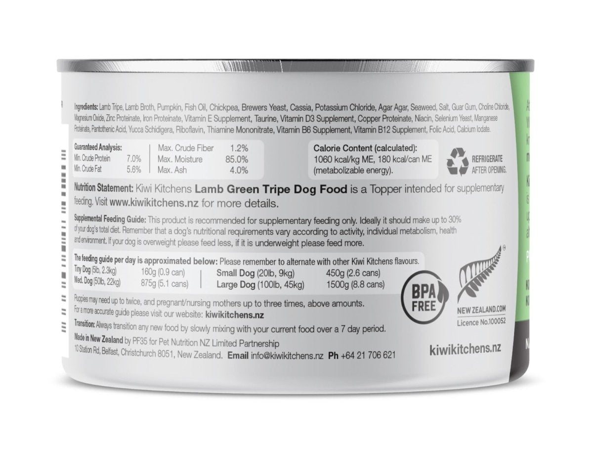 Kiwi Kitchens Grass Fed Lamb Green Tripe Topper for Supplemental Feeding Canned Wet Dog Food - 375g - Shopivet.com