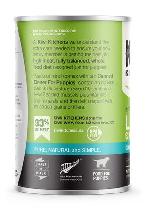 Kiwi Kitchens Grass Fed Lamb & Mussel Dinner Canned Wet Puppy Food - 375g - Shopivet.com