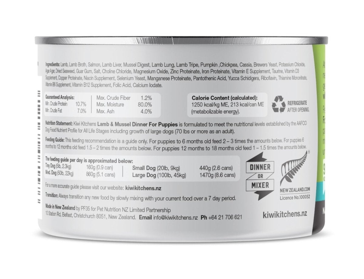 Kiwi Kitchens Grass Fed Lamb & Mussel Dinner Canned Wet Puppy Food - 375g - Shopivet.com