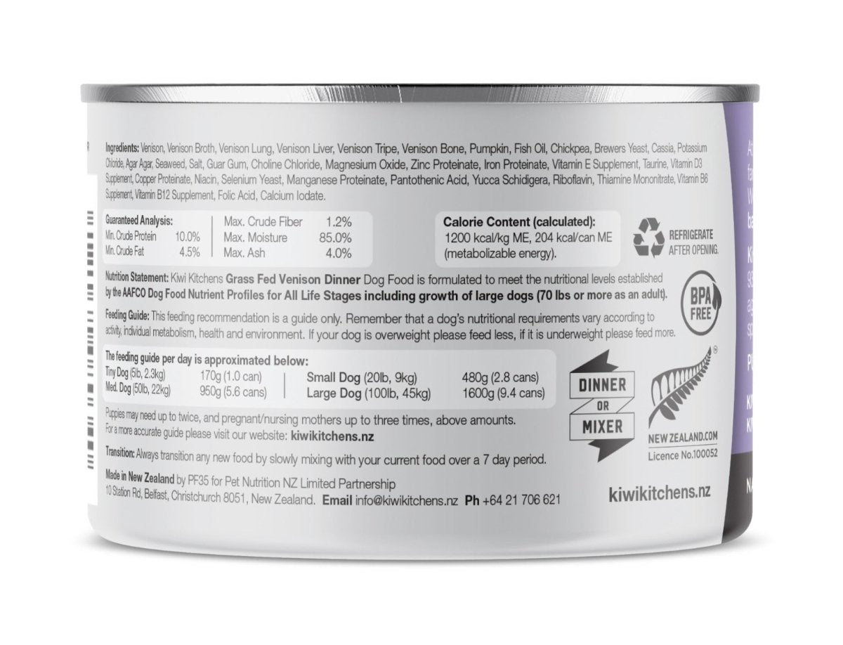 Kiwi Kitchens Grass Fed Venison Dinner Canned Wet Dog Food - 170g - Shopivet.com