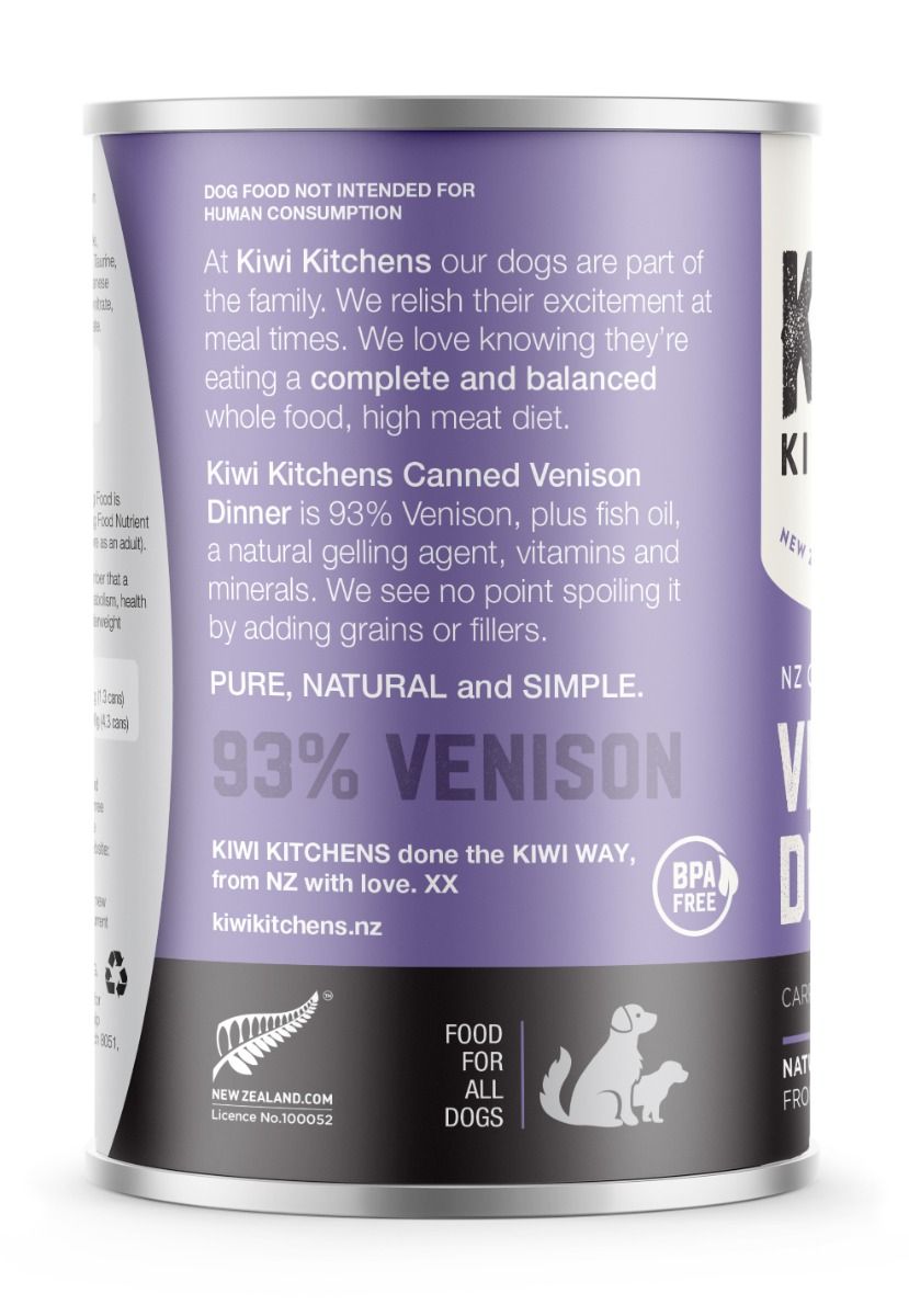 Kiwi Kitchens Grass Fed Venison Dinner Canned Wet Dog Food - 375g - Shopivet.com