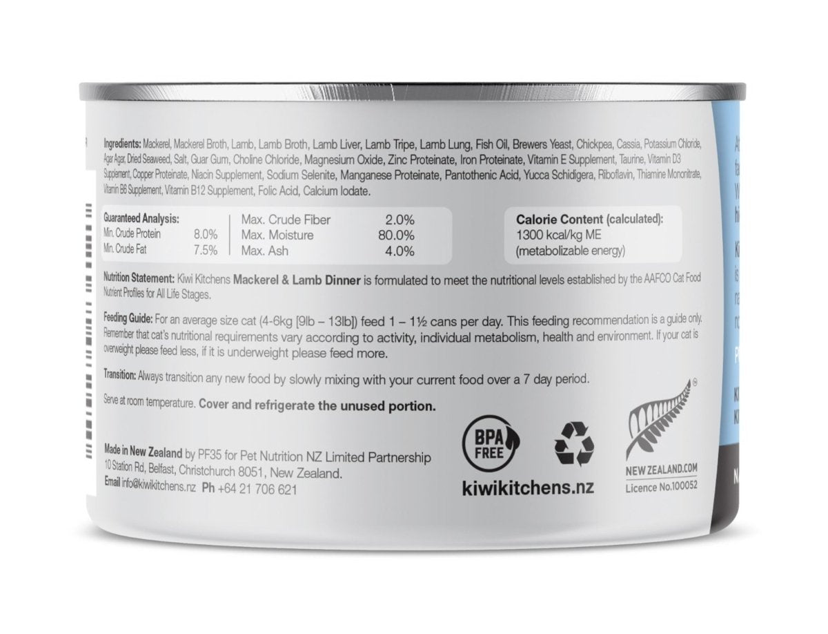 Kiwi Kitchens Mackerel & Lamb Dinner Canned Wet Cat Food - 170g - Shopivet.com