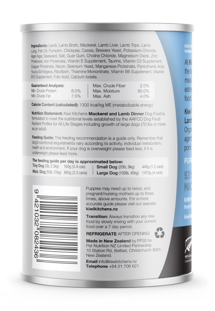 Kiwi Kitchens Mackerel & Lamb Dinner Canned Wet Dog Food - 170g - Shopivet.com