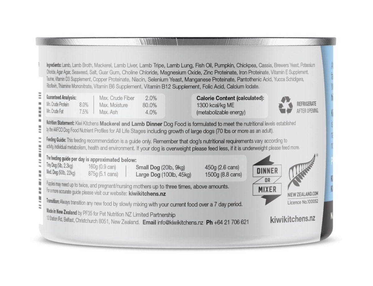 Kiwi Kitchens Mackerel & Lamb Dinner Canned Wet Dog Food - 170g - Shopivet.com
