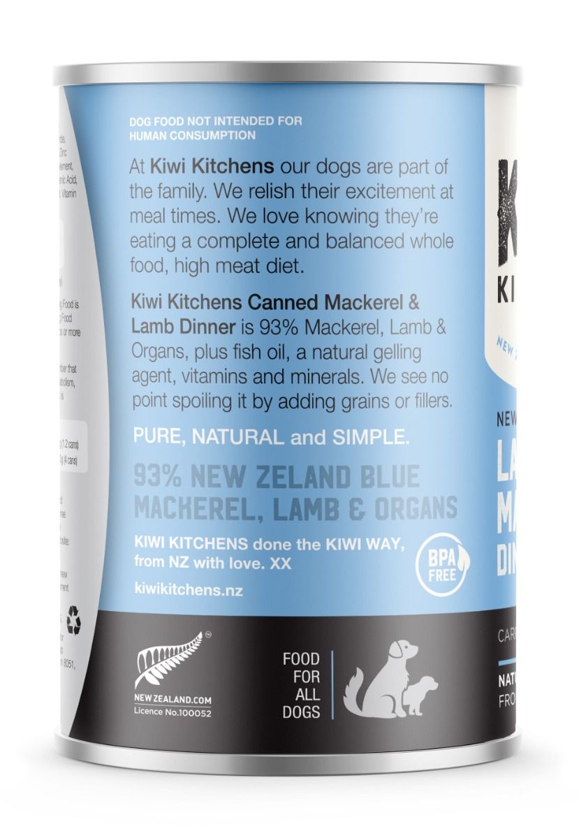 Kiwi Kitchens Mackerel & Lamb Dinner Canned Wet Dog Food - 375g - Shopivet.com
