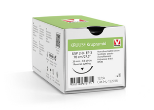 KRUUSE Krupramid Suture, USP 2-0/EP 3, 70 cm/27.5"", white, 26 mm needle, 3/8 circle, reverse cutting, 12/pk