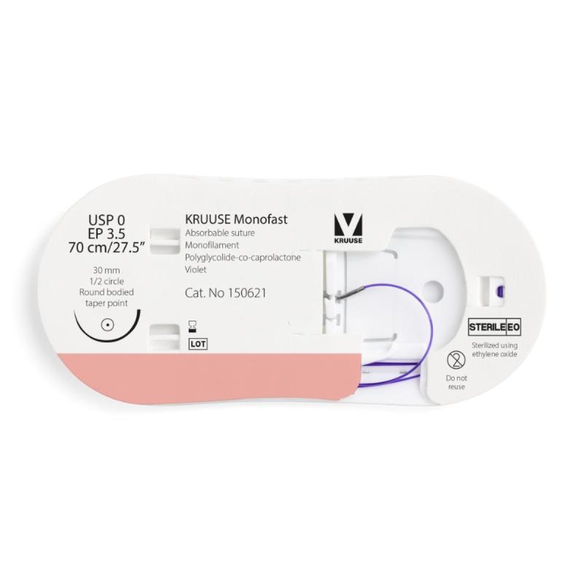 KRUUSE Monofast Suture, USP 0/EP 3.5, 70 cm/27.5", violet, 30 mm needle, 1/2 circle, round bodied, taper point, 12/pk