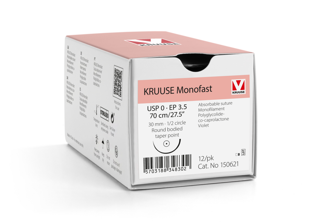 KRUUSE Monofast Suture, USP 0/EP 3.5, 70 cm/27.5", violet, 30 mm needle, 1/2 circle, round bodied, taper point, 12/pk