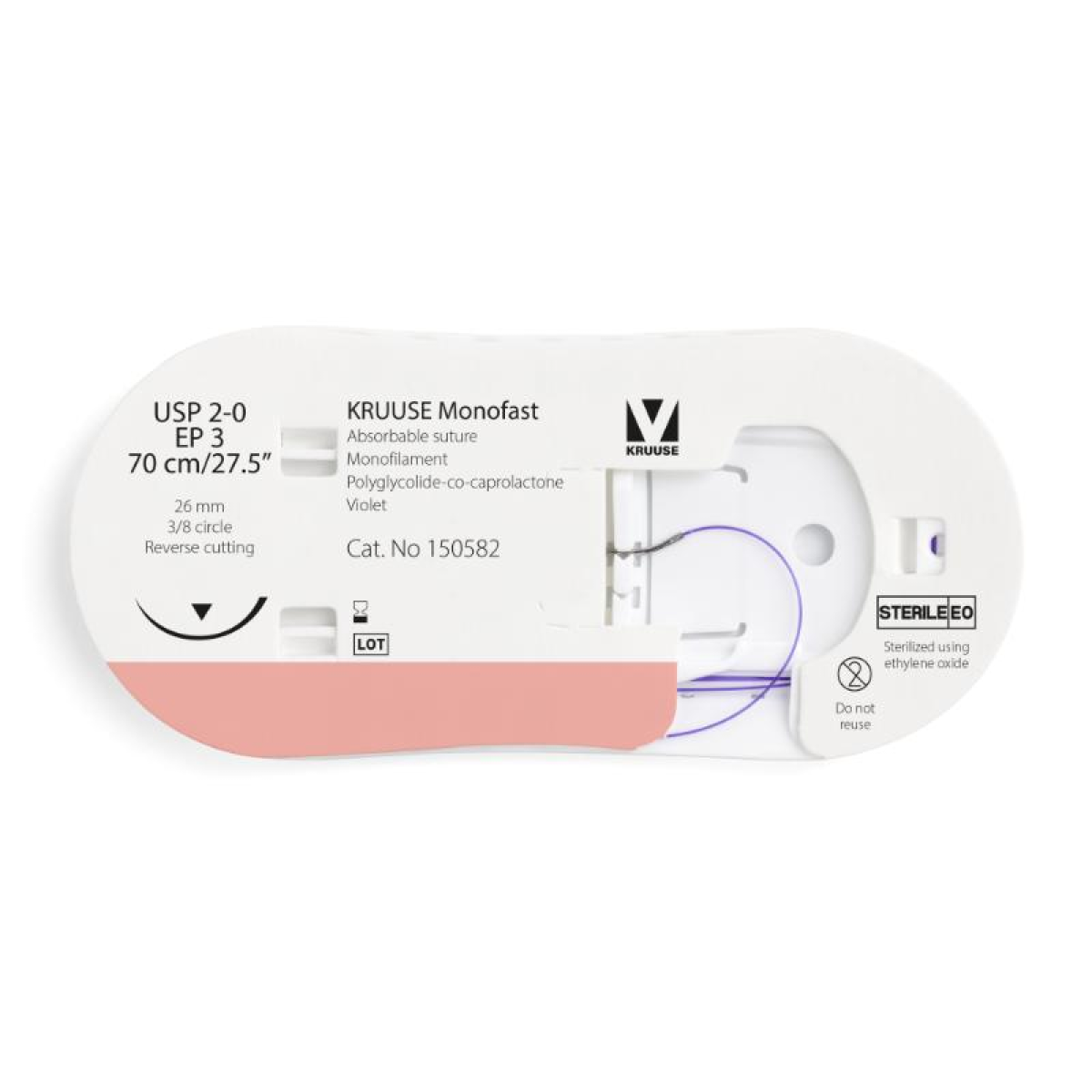 KRUUSE Monofast Suture, USP 2-0/EP 3, 70 cm/27.5", violet, 26 mm needle, 3/8 circle, reverse cutting, 12/pk
