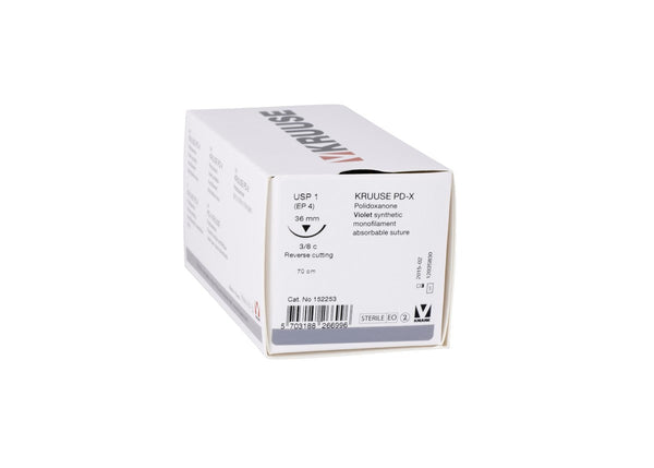 KRUUSE PD-X suture USP 1, 70 cm, needle: 36 mm, reverse cutting, 3/8 circle. 18/pk