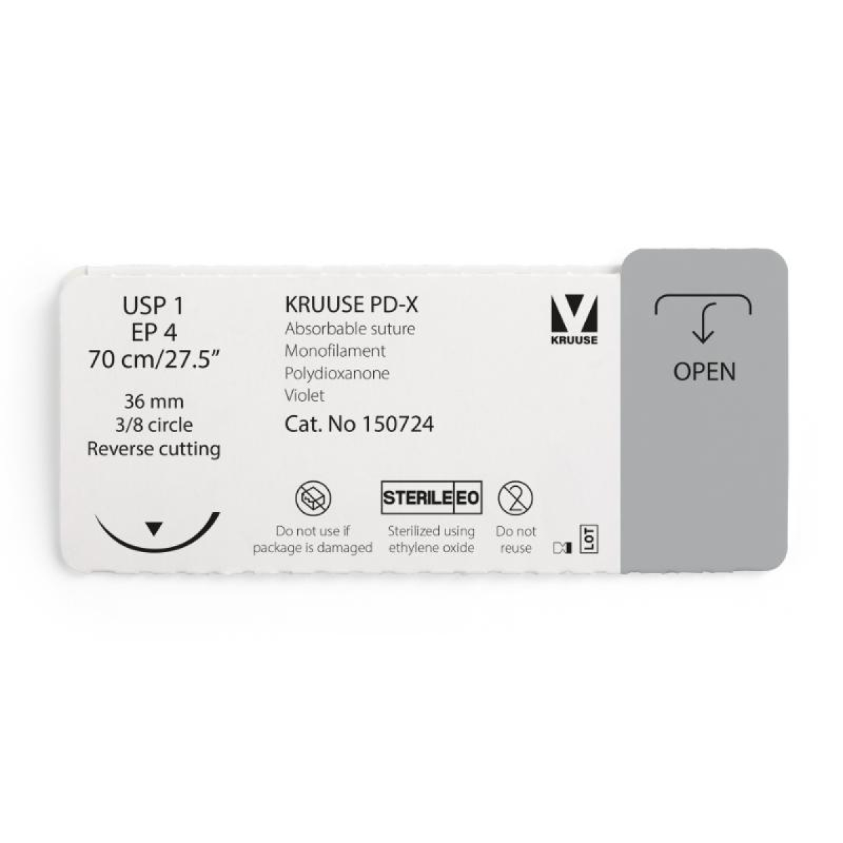 KRUUSE PD-X Suture, USP 1/EP 4, 70 cm/27.5", violet, 36 mm needle, 3/8 circle, reverse cutting, 12/pk