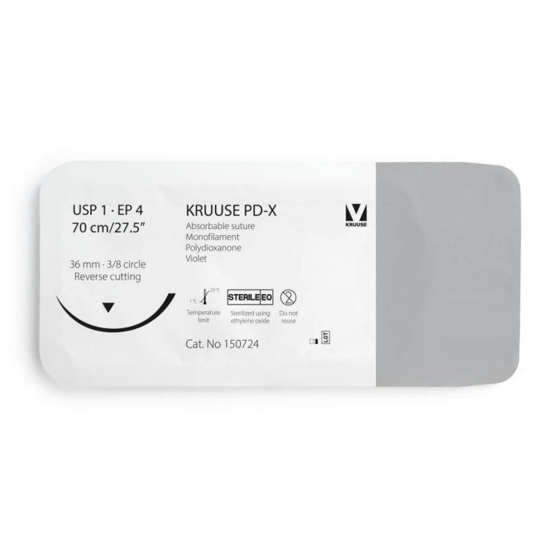KRUUSE PD-X Suture, USP 1/EP 4, 70 cm/27.5", violet, 36 mm needle, 3/8 circle, reverse cutting, 12/pk