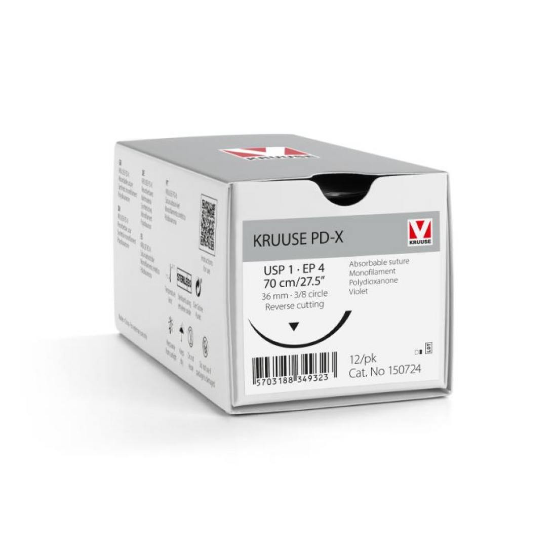 KRUUSE PD-X Suture, USP 1/EP 4, 70 cm/27.5", violet, 36 mm needle, 3/8 circle, reverse cutting, 12/pk