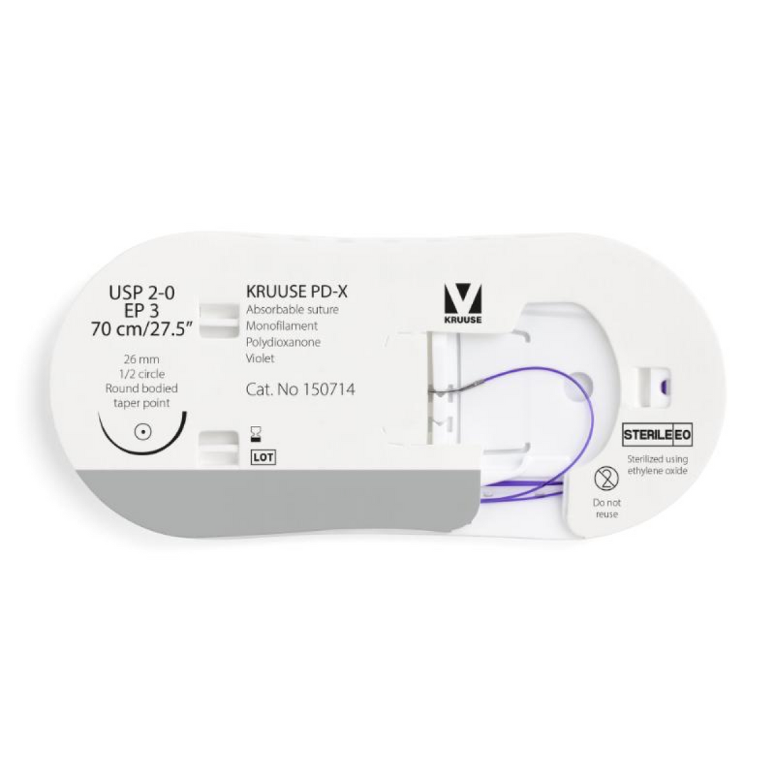 KRUUSE PD-X Suture, USP 2-0/EP 3, 70 cm/27.5", violet, 26 mm needle, 1/2 circle, round bodied, taper point, 12/pk