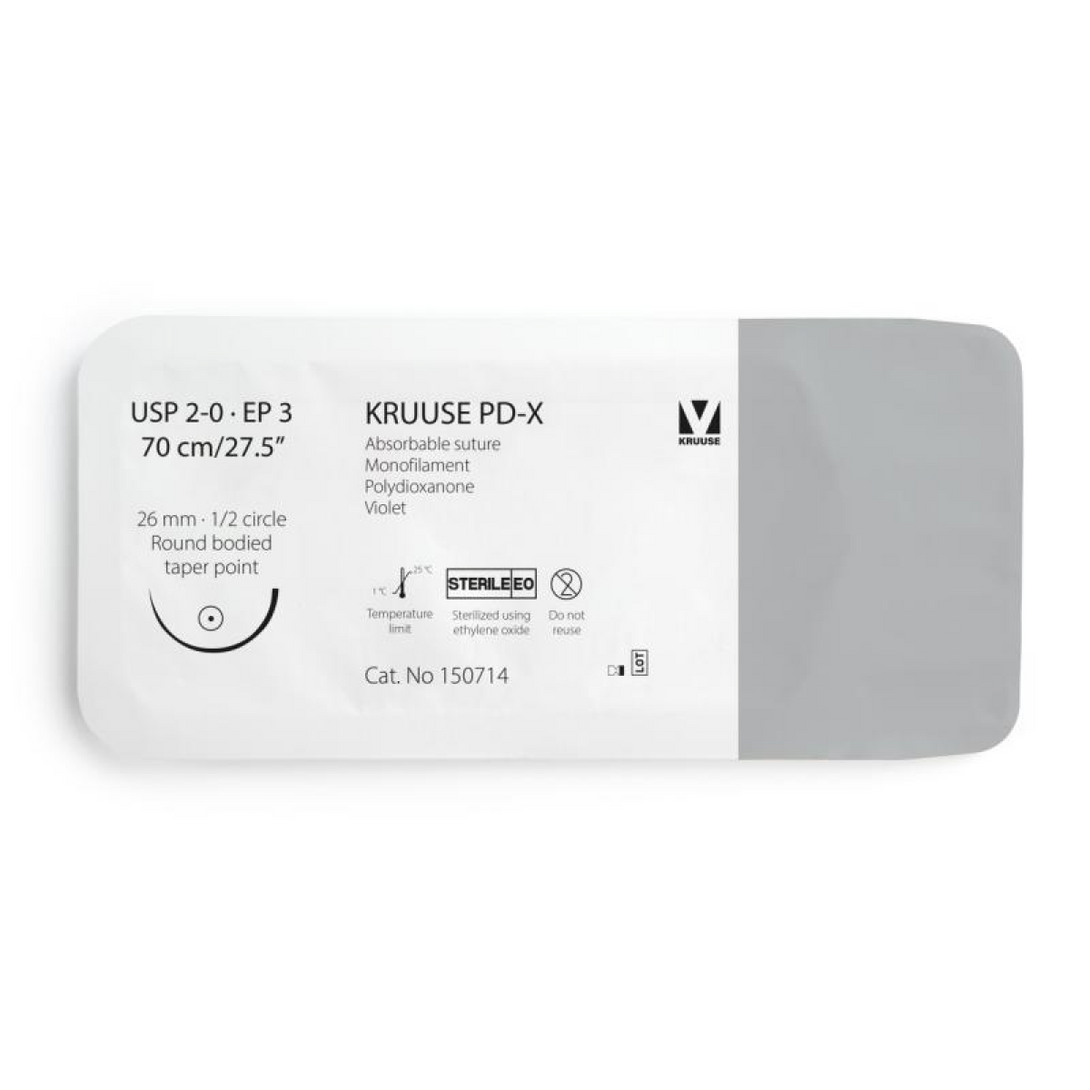 KRUUSE PD-X Suture, USP 2-0/EP 3, 70 cm/27.5", violet, 26 mm needle, 1/2 circle, round bodied, taper point, 12/pk