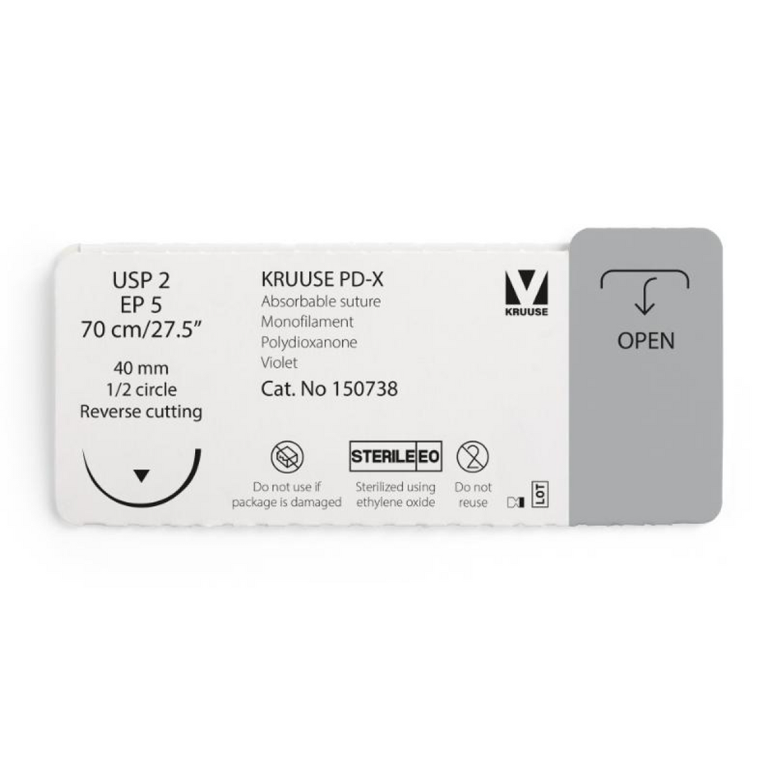 KRUUSE PD-X Suture, USP 2/EP 5, 70 cm/27.5", violet, 40 mm needle, 1/2 circle, reverse cutting, 12/pk