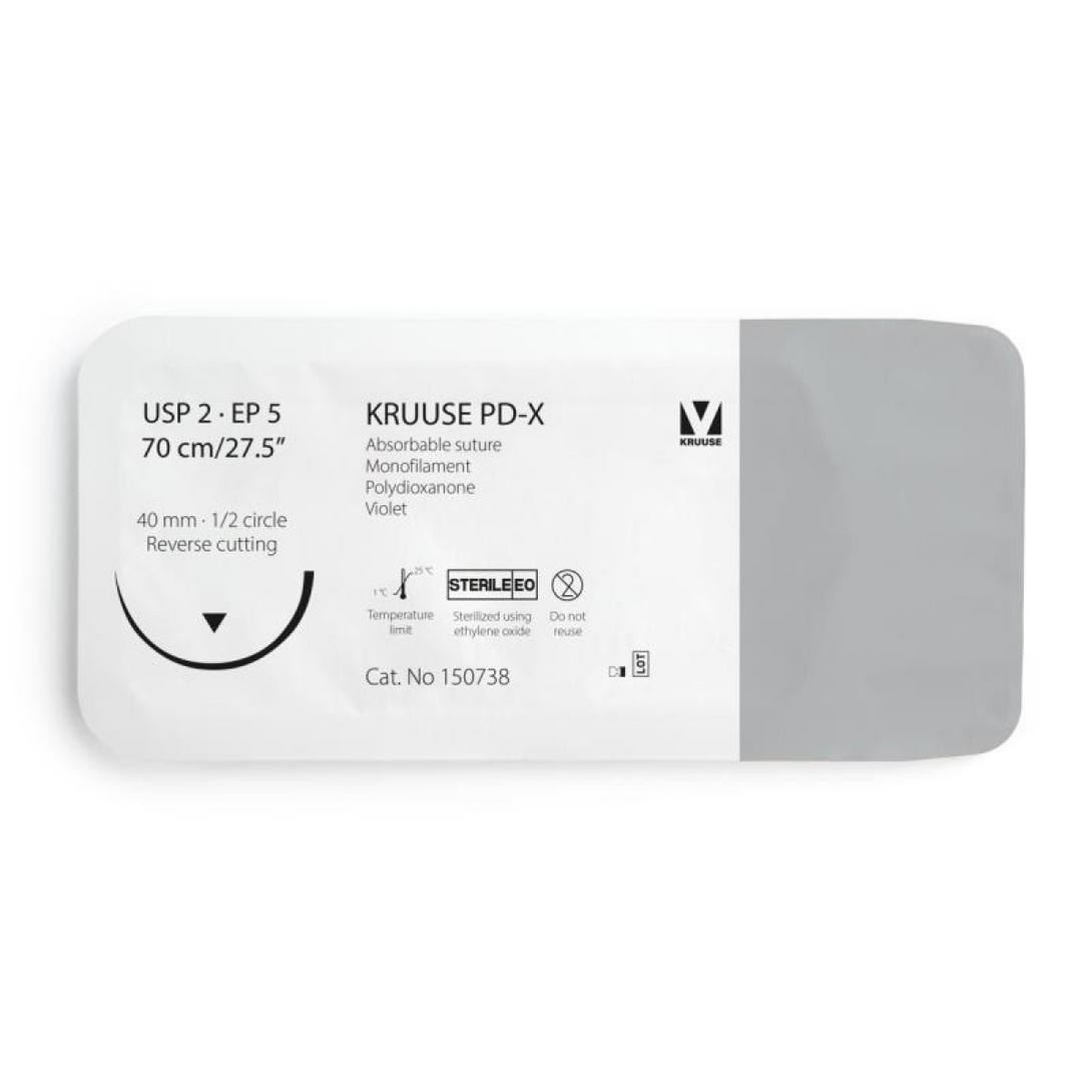 KRUUSE PD-X Suture, USP 2/EP 5, 70 cm/27.5", violet, 40 mm needle, 1/2 circle, reverse cutting, 12/pk