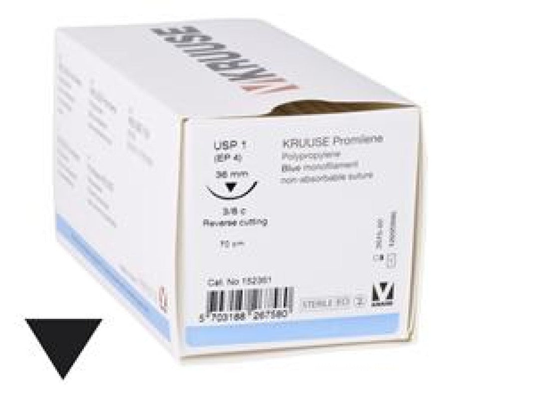 KRUUSE Promilene suture, USP 1, 70 cm, needle: 36 mm, reverse cutting, 3/8 circle. 18/pk