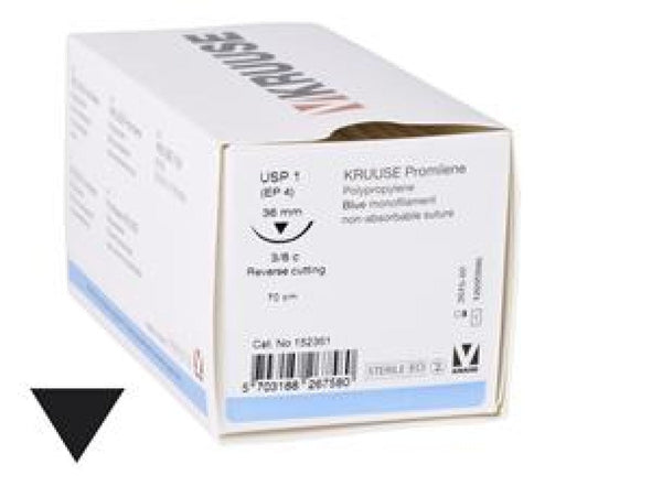 KRUUSE Promilene suture, USP 1, 70 cm, needle: 36 mm, reverse cutting, 3/8 circle. 18/pk