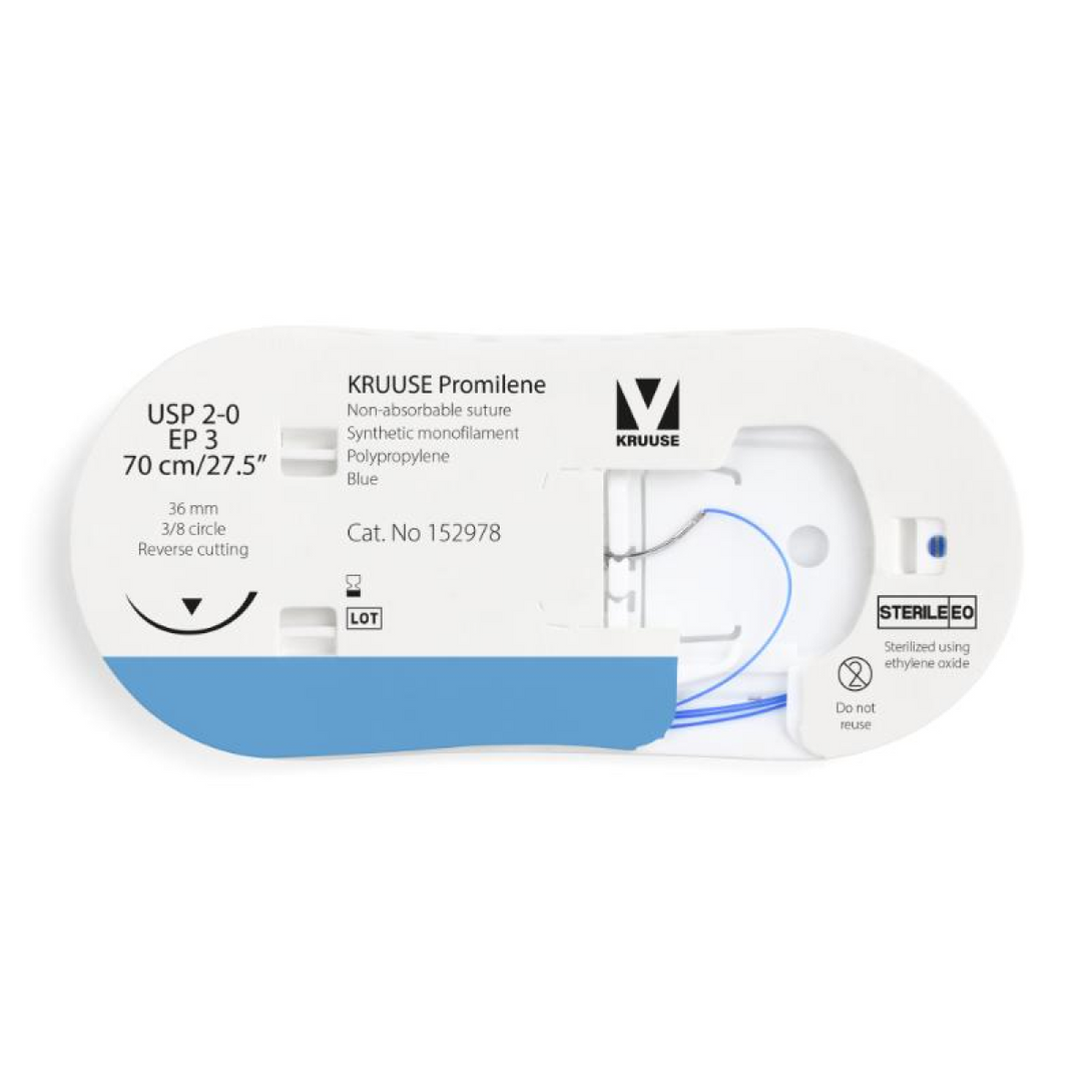 KRUUSE Promilene Suture, USP 2-0/EP 3, 70 cm/27.5", blue, 36 mm needle, 3/8 circle, reverse cutting, 12/pk